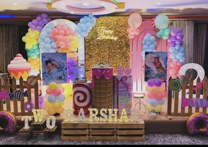 Theme based decoration by The Tenderful - candy and ice cream themed birthday backdrop